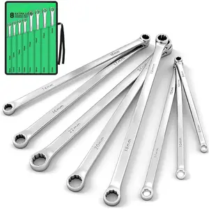 8PCS Extra Long Double Box End Wrench Set, CR-V, Less Effort Aviation Wrench Metric 8mm - 24mm combination wrench green wrench hand tool tool gift christmas gift mechanic tool car repair wrench set
