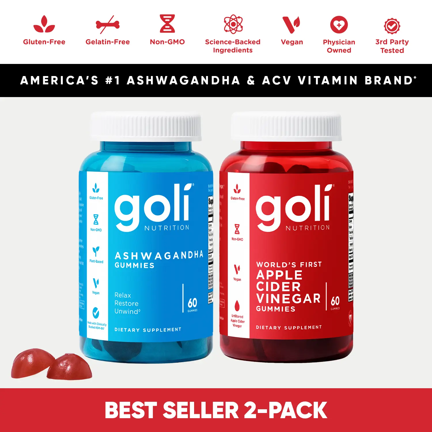 2 Bottles of Goli Top Sellers: 1 Bottle of Ashwagandha + 1 Bottle Apple Cider Vi...