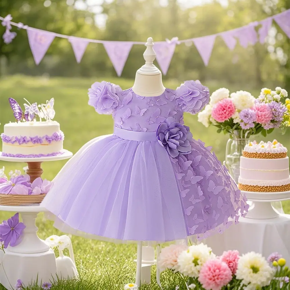 3016 Girls 3D Floral Bow Mesh Ball Gown Fashion Show Junior Host Piano Birthday Party Performance Banquet Evening Dress