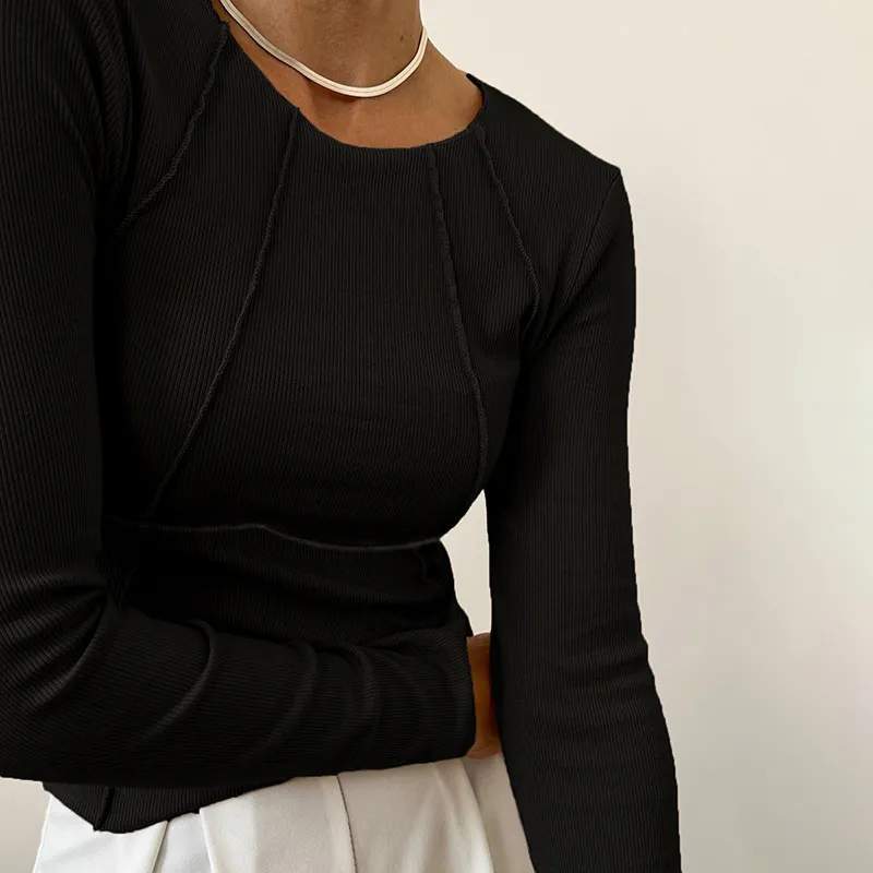 Slim Long Sleeve T-shirt Fashion Solid Color Split Thread Knitted Top Womens Clothing