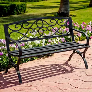 Outdoor Garden Bench, Iron Metal Frame Patio Park Bench with Floral Pattern Backrest, Arch Legs Outdoor Garden Bench, Iron Metal Frame Patio Park Bench with Floral Pattern Backrest, Arch Legs