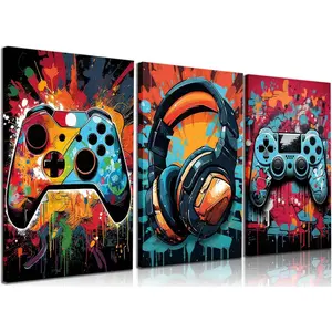 Gamer Room Decor 3 Piece Framed Canvas Wall Art Neon RGB Gaming Den Video Game Poster for Boys Room and Man Cave Set with Ready to Hang Hooks