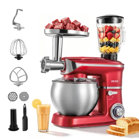 VEVOR 4-in-1 Tilt Head Mixer Machine - 400W Powerful Standing Mixer, 6-Speed Adjustable Multi-Use Kitchen Appliance with 6.3 Qt Stainless Steel Bowl, Meat Grinder, Blender Attachments, Dough Hook, Whisk, Beater