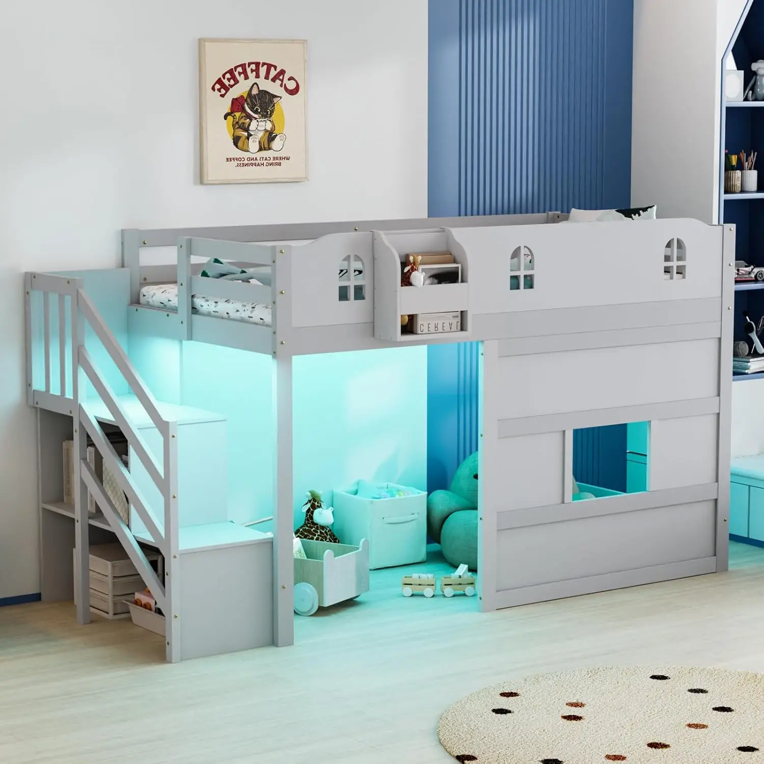JOYMOR Low Loft Bed with Led Light, Loft Bed Twin Size with Castle Guardrail and Window, Staircase and Book Rack, Smart APP Control,No Box Spring Needed (Gray with Staircase)