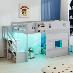 JOYMOR Low Loft Bed with Led Light, Loft Bed Twin Size with Castle Guardrail and Window, Staircase and Book Rack, Smart APP Control,No Box Spring Needed (Gray with Staircase)