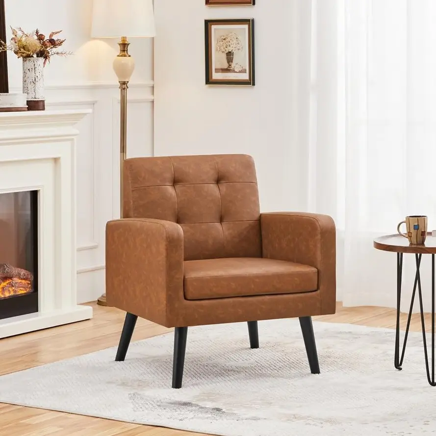 Yaheetech Mid-Century Leather Tub Chair, PU Leather Modern Upholstered Armchair with Button-Tufted Back & Wood Legs for Living Room, Bedroom, Leather Tub Chairs