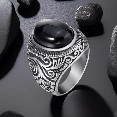 Men's Retro Natural Oval Black Onyx Biker Ring - Hypoallergenic Stainless Steel Classic Fashion Accessory for Father, Size 8-15, Everyday Wear Non-Tarnish Jewelry, Classic Ring