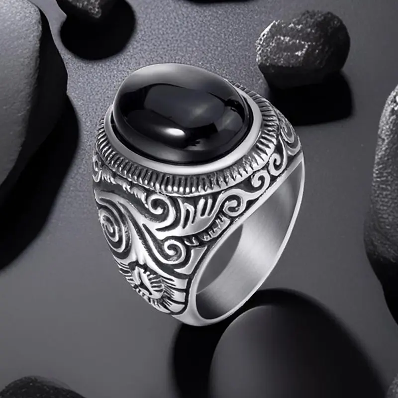 Men's Retro Natural Oval Black Onyx Biker Ring - Hypoallergenic Stainless Steel Classic Fashion Accessory for Father, Size 8-15, Everyday Wear Non-Tarnish Jewelry, Classic Ring
