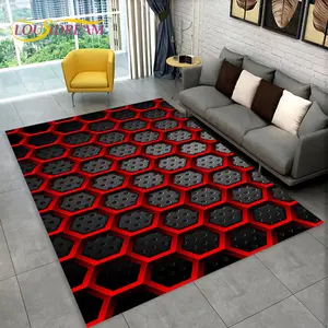 Red & Black Honeycomb 2D Flannel Area Rug, Home Decorative Rugs - Oversized Soft Plush Mat for Living Room & Gaming Room, Non-Slip Thick Modern Tech Pattern Home Decor for Contemporary Enthusiasts