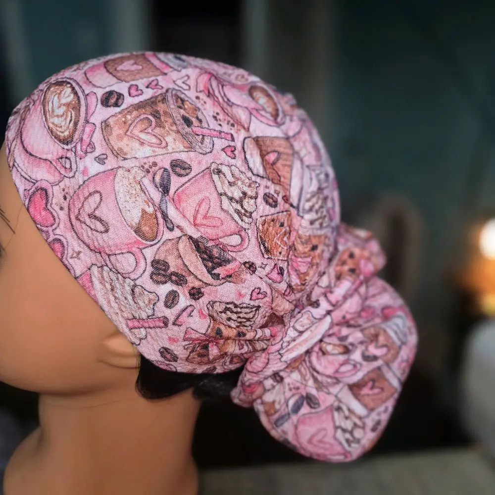 Coffee-Themed Pink Scrub Cap with Matching Scrunchie