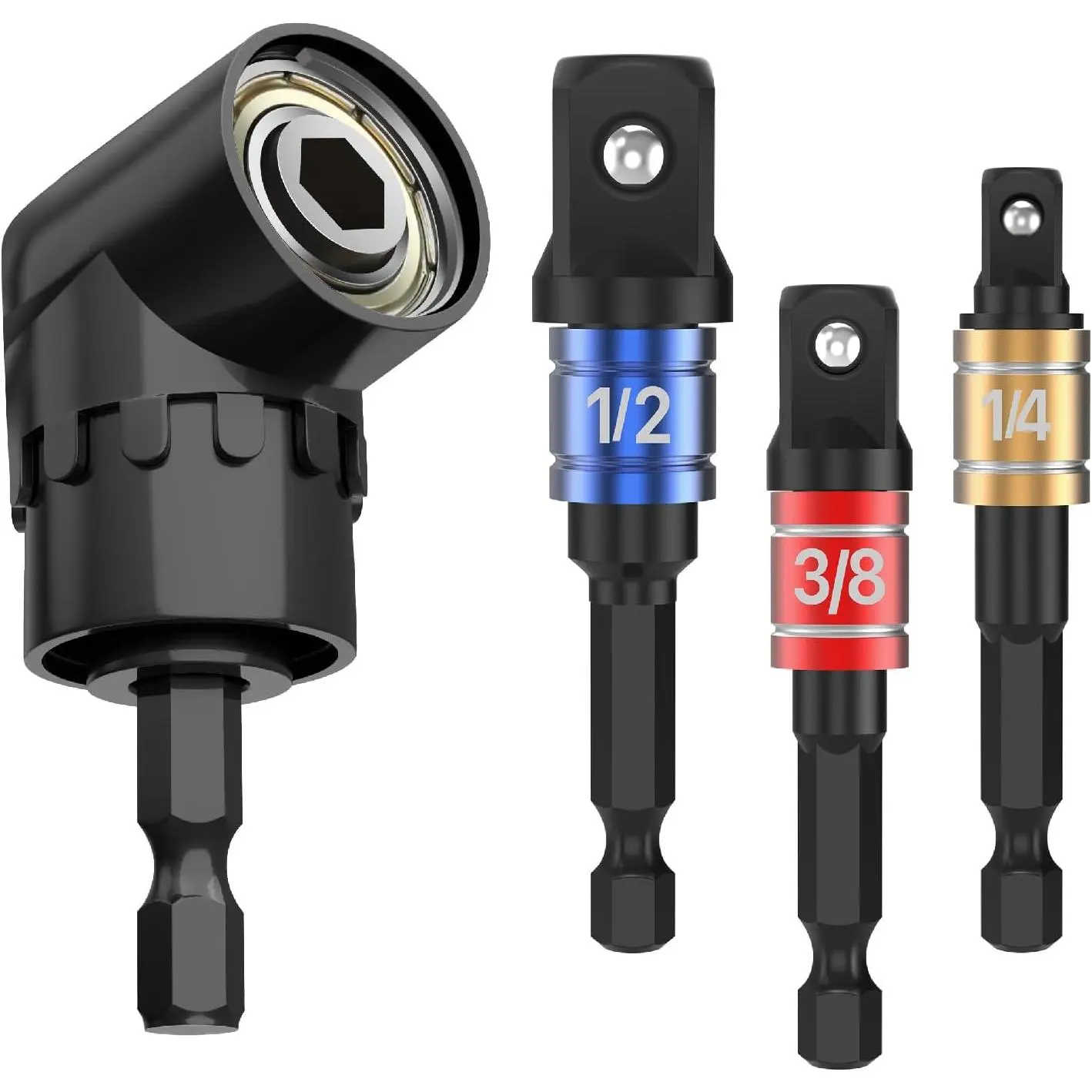 - Socket Adapter Extension Set with Right Angle Drill Attachment, 4 count, 1/2" 1/4" 3/8"  Socket Adapter Set, 105  Right Angle Drill Adapter,  Drill Bit Set
