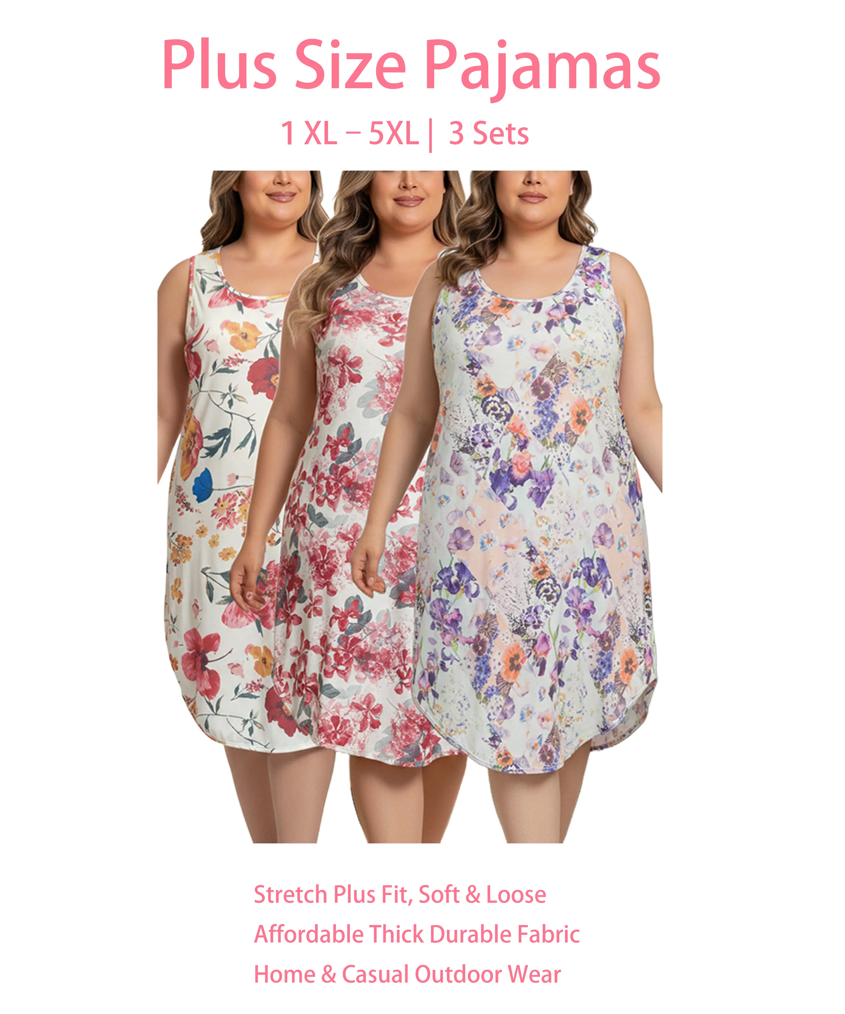 【Flash Sale】Plus Size 3-Pack Print Sleeveless Nightgowns | Comfy Tank Loungewear Sleep Dress 1XL-5XL