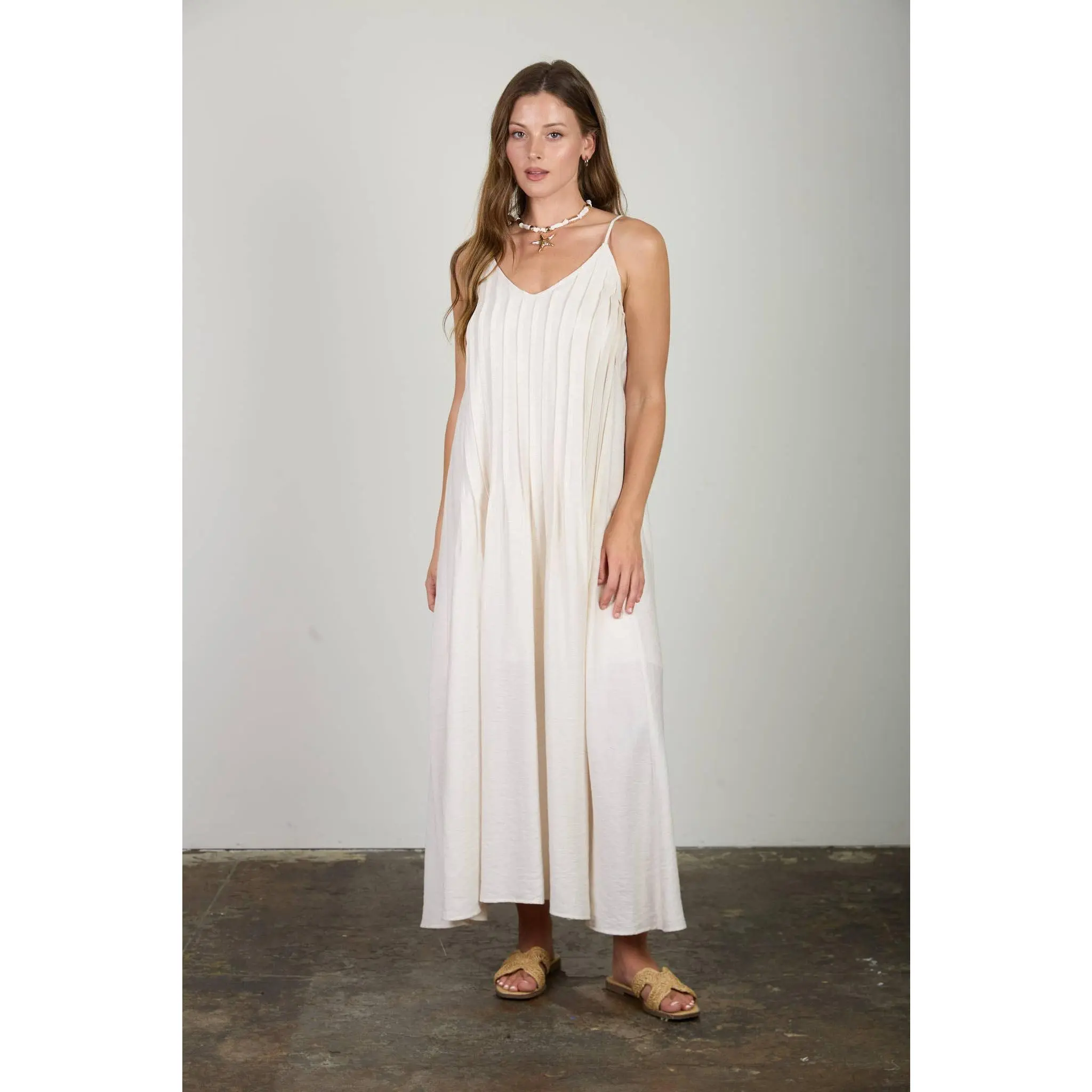 knee length dresses for ladies Montsand Beige Pleated Maxi Dress
