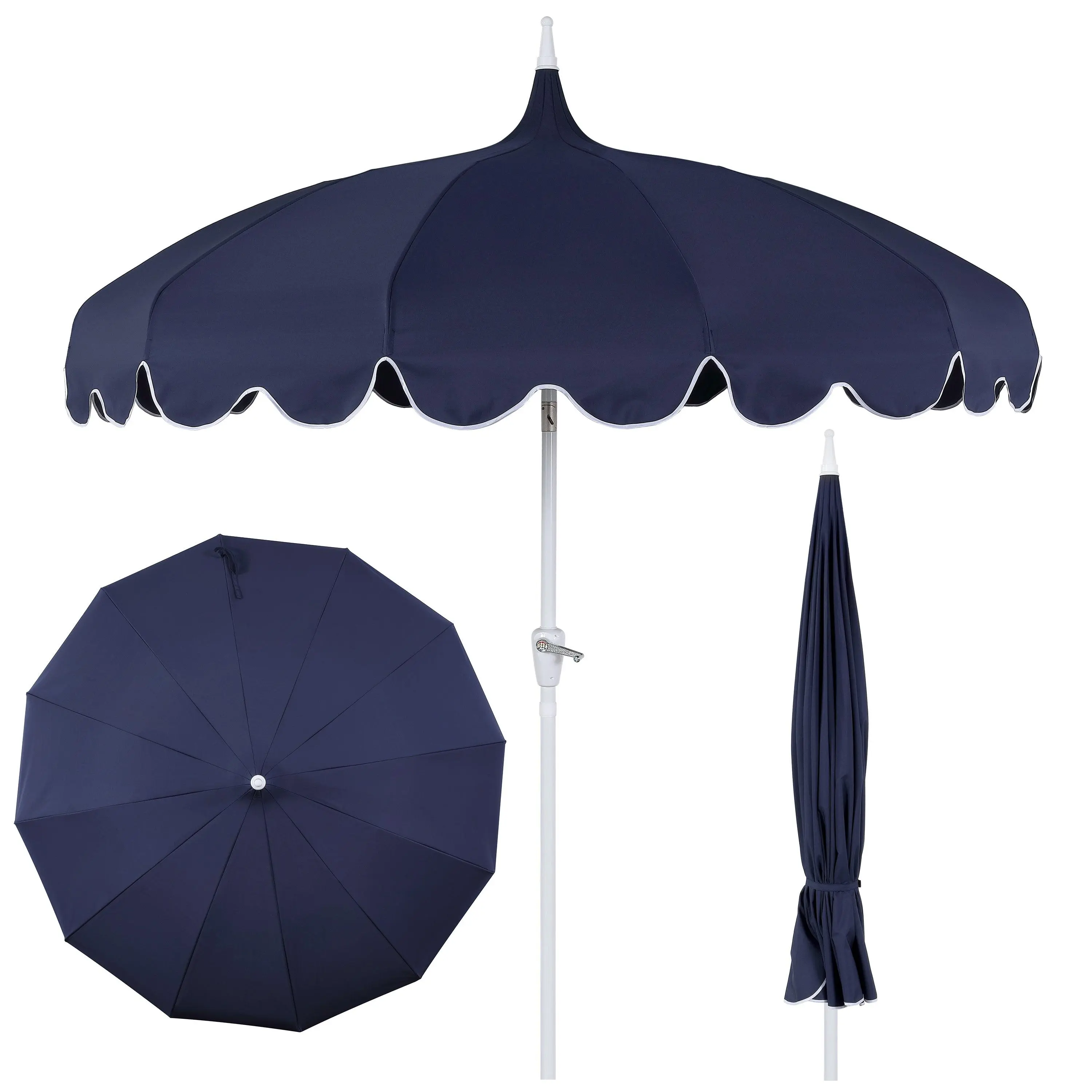 Maren 8 ft. Classic Coastal Scalloped Lotus Pagoda Market Patio Cranked UV Umbrella with Auto-Tilt Crank, Wind Vent, and UV Protection