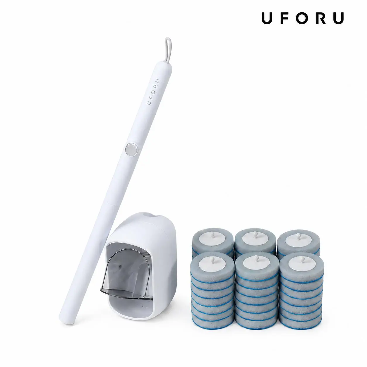 UFORU Disposable Toilet Brush System with Wall Mount Holder, Toilet Cleaning Wand with Built-In Cleaner Refills, No-Touch Press Release Toilet Bowl Scrubber for Bathroom Cleaning