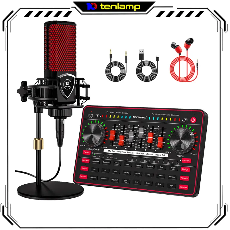 Tenlamp G3-Q8R Gaming Audio Mixer & Sound Card Bundle - USB Wired Condenser Microphone, Plug-and-Play, Reverb Effects, Compatible with Smartphones & Computers, Ideal for Live Streaming, Podcast Kit, Manufacturer Warranty