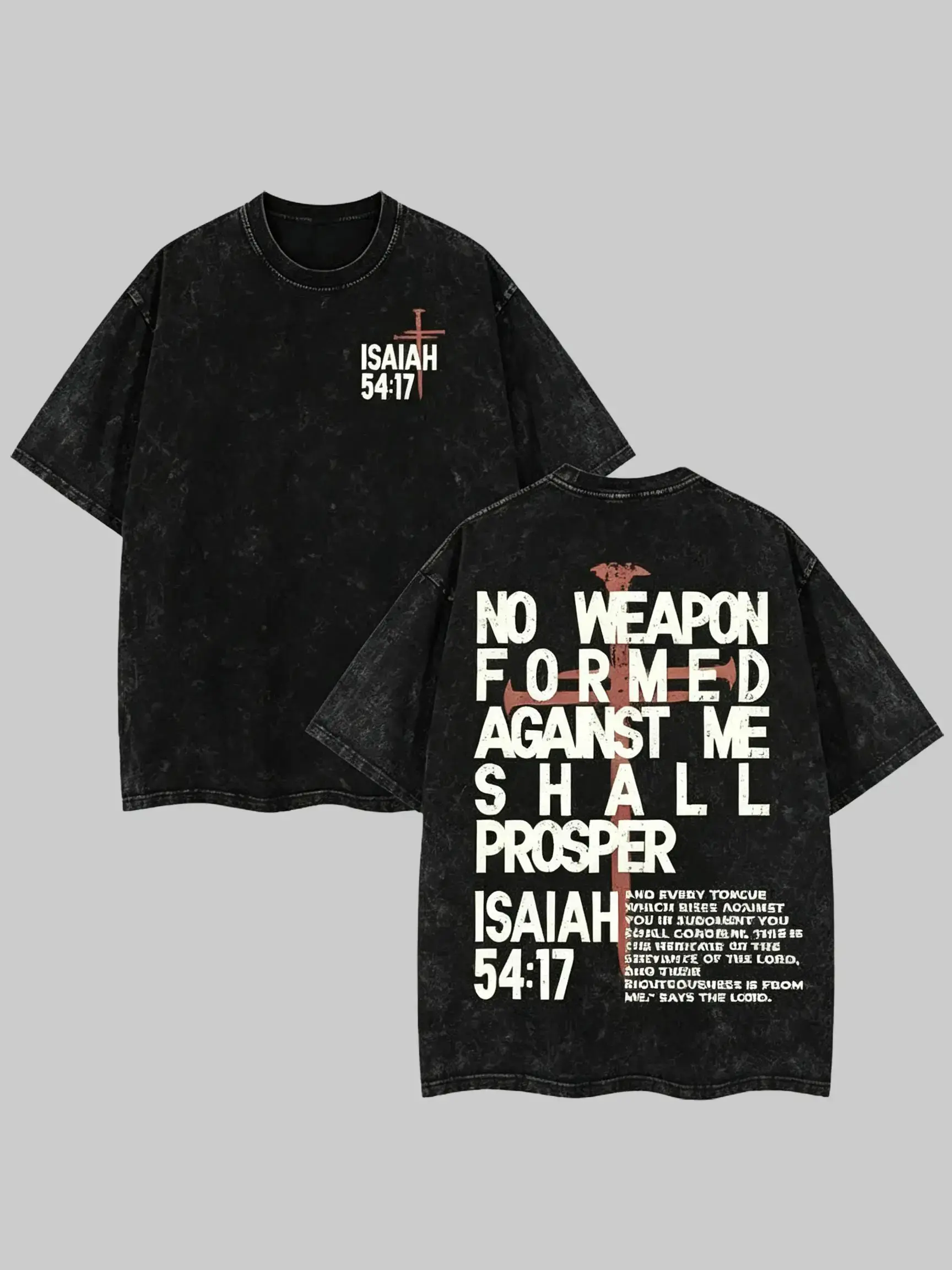 Vintage Washed Christian Graphic T-Shirt Isaiah 54:17 No Weapon Formed Against Me Shall Prosper Oversized Acid Wash Tee Faith Based Shirt Religious Streetwear Unisex Cotton Summer Casual Y2K Aesthetic Gift