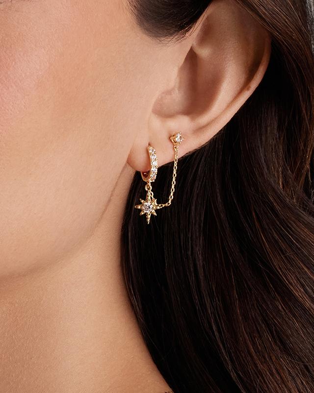 PAVOI 14K Gold Chain Earrings for Women | Double Piercing Dangle Chain Huggie Hoop Earrings | Cubic Zirconia Star Stud Ear Cuff Earrings for Women