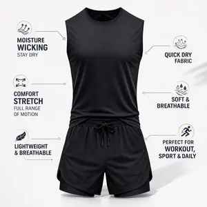 Sporty Menswear Clothes  Men’s Black Gym Set – Sleeveless Crew Neck Tank + Elastic Shorts, Athletic Casual Matching Outfit