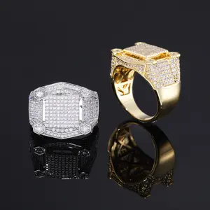 Luxury Iced Out Signet Ring for Men, Golden and Silver Tone Square CZ Statement Ring, Hip Hop Pave Crystal Wedding Party Fashion Jewelry Gift