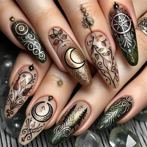 24 Pcs Press-On Nail Set, Mandala Moon Design, DIY Nails Art, Nail Tips Art, Decorative Nails, Removable Glittering Fake Nails Kit, Perfect Fit, Includes Jelly Glue & Nail File, for Women Girls, Handmade Press On