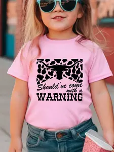 Young Girl Cartoon Cow &amp; Letter Slogan Printed Short Sleeve T-Shirt, Casual clothes  for  kids little  girl  outfits Graphic Tee