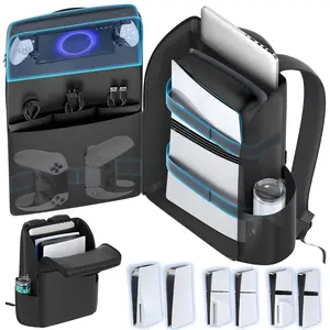 Hongic Backpack for P-S5/slim/pro Console, Large Capacity Travel Bag, Ps-5 Storage for Controllers, Laptop, Game Cards, 3 Cable Pouches