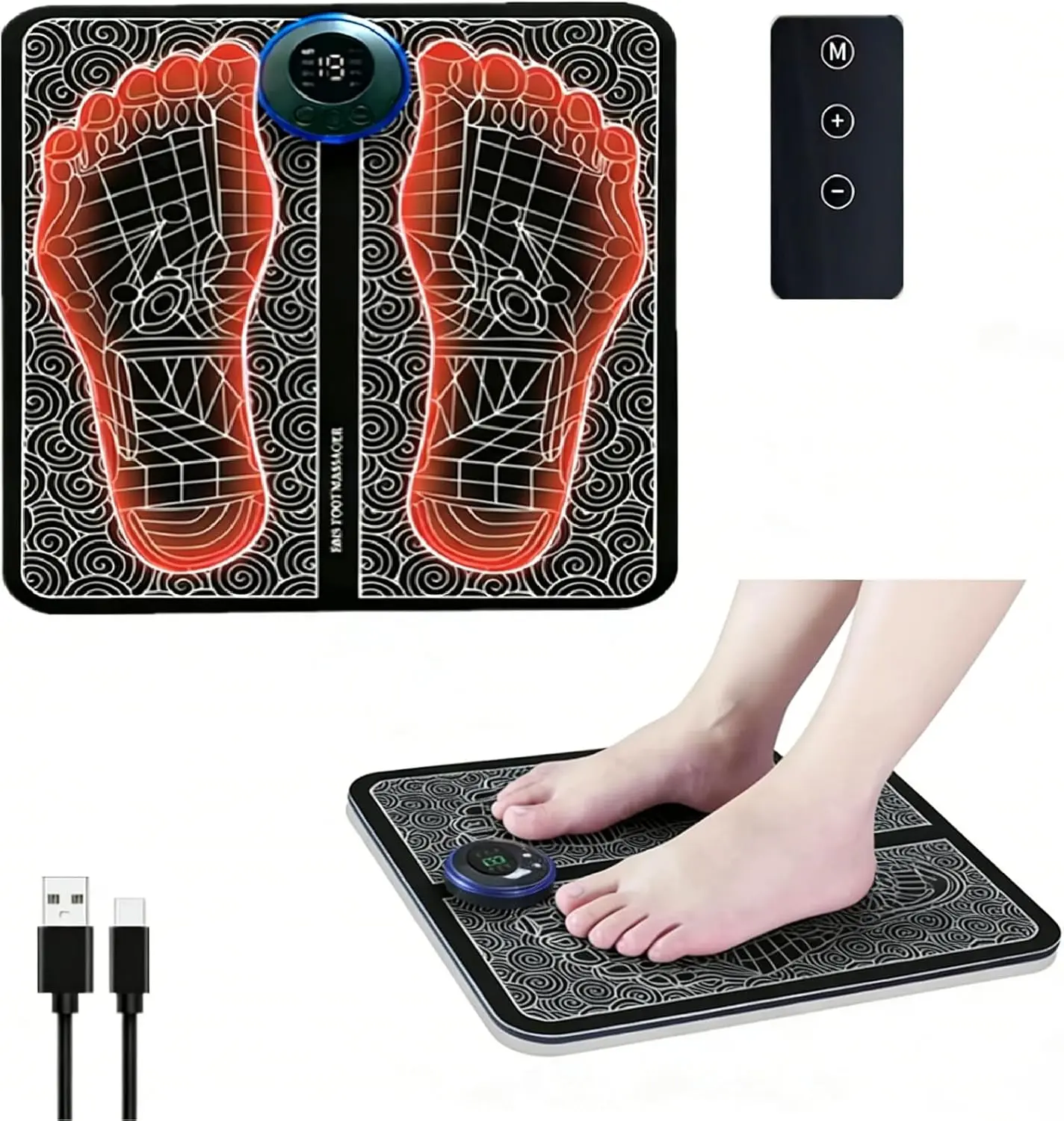 Foot Massager with Remote Control, Foot Stimulating Massage Mat Improves and Promotes Muscle Stimulator for Neuropathy & Recovery, 8 Modes 19 Levels, Foot Mat System for Pain Relief foot mat height puzzle exercise period cramp massager portable cordless g