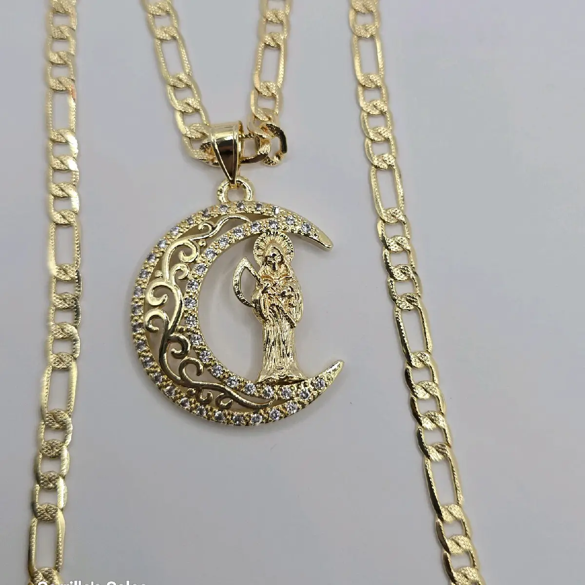 MOON WITH THE GRIM REAPER clear stone's figaro style gold-plated chain long size