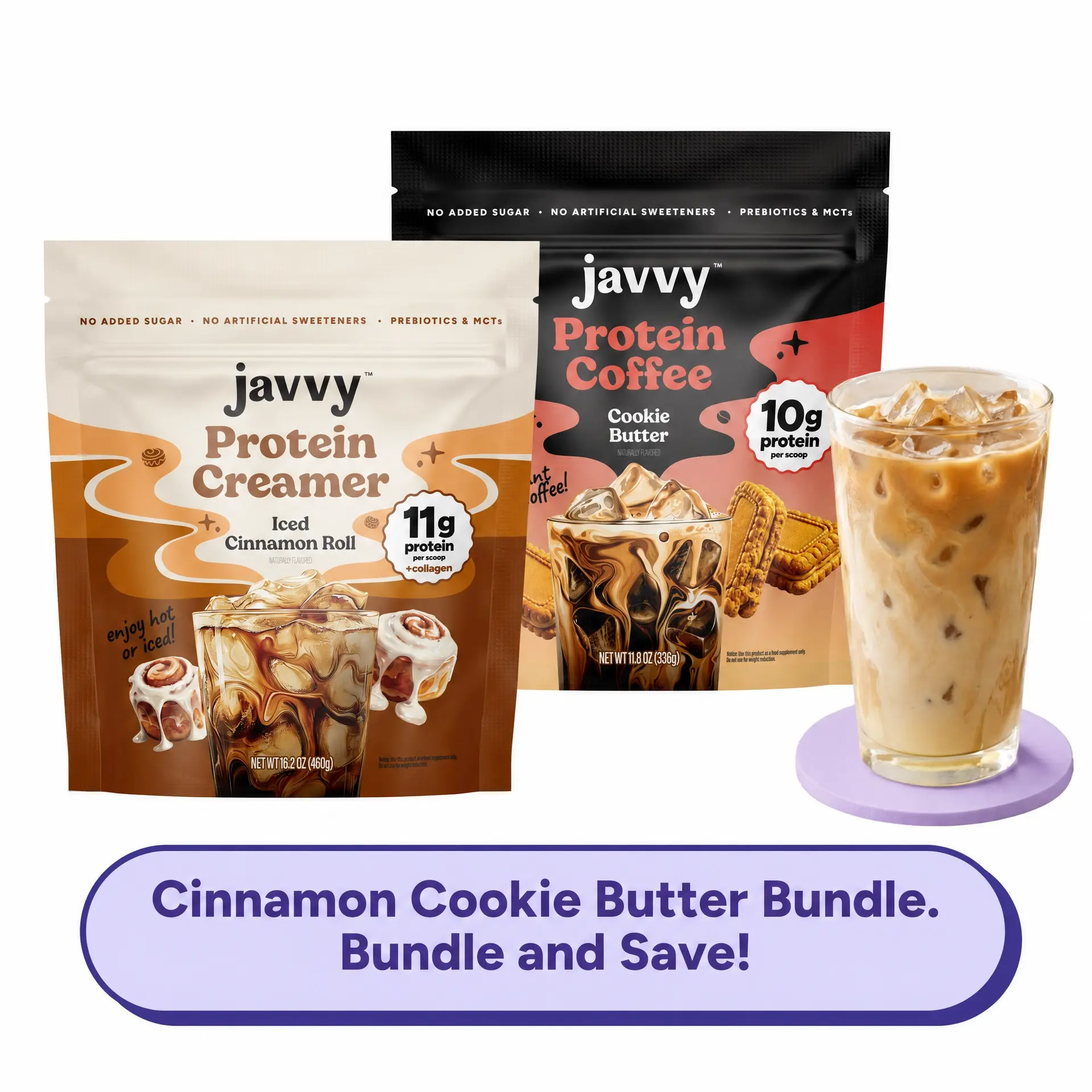 Javvy Cinnamon Cookie Butter Latte TikTok Exclusive Bundle Cookie Butter Protein Coffee and Cinnamon Roll Collagen Protein Creamer Premium Whey Protein Instant Mix, 100% Natural, No Artificial Flavors & Sweeteners, No Added Sugar, 80 mg Caffeine