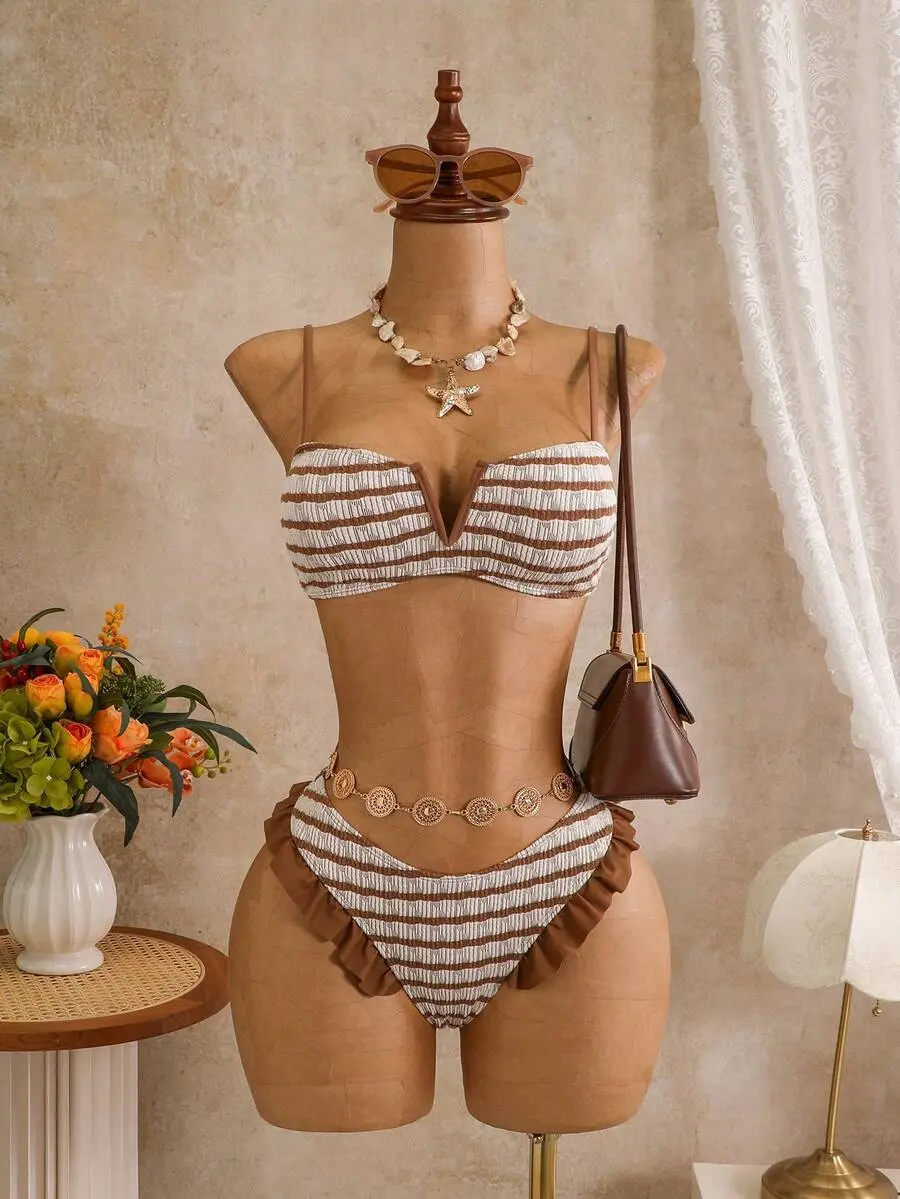 Ember x Zestiva 2026 Spring/Summer New Women's Brown & White Striped Textured Bikini Set, V-Neck Bandeau Top With Lace Trim, Triangle Bottoms, Elegant Casual Beach Vacation Swimsuit Set