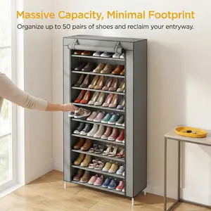 YJ-Garvee 34.65"L×11"W×62.9"H 10-Tier Shoe Rack with Cover, Tall Free-Standing Organizer for Closet & Entryway, Large Capacity Shoe Shelf Holds 40-50 Pairs, Space-Saving Storage with Side Pockets, Grey