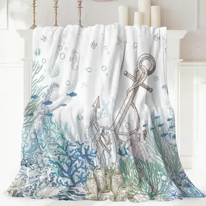 Blue Ocean Beach Throw Blankets, Navigation Ship Anchor Flannel Warm Soft Cozy Fluffy Bed Couch Blanket, Summer Blue Fleece Throws to Decoration The Room and Bedroom 50X60 inch
