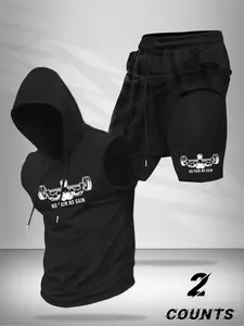 Men's Black Motivational Fitness 2-Piece Set - "NO PAIN NO GAIN" Graphic Hooded Tank & Layered Shorts, Athletic Outfit for Gym & Casual Wear, Trendy Bold Statement Piece, Gym Workout Set