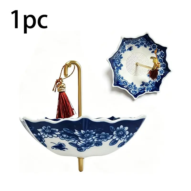 Tea Infuser,Umbrella Shape Classic Ceramic Tea Strainer, Tea Strainers For Loose Tea, Tea Making Tools, Tea Accessories Blue and White Porcelain,Loose Leaf Filter with Rotating Design for Coffee Brewing
