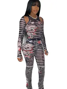 Mesh See-Through Top High Waist Slimming Pants Set