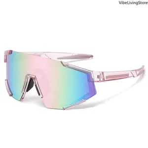 Women's Pink Y2K Wrap Around Sunglasses, One Piece Rimless Rainbow Lens UV400 Protection, Futuristic Shades for Rave Festival Beach Daily Wear