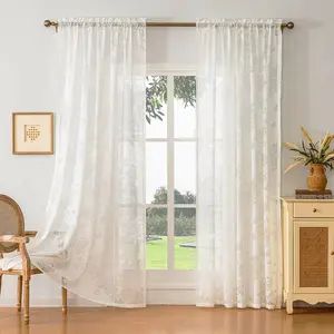White Sheer Curtain with Hollow Butterfly Rose Embroidery - Perfect for Bedroom Bay Window, Through Rod Installation