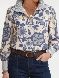 Chic Petal Vintage Inspired Blue Floral Blouse Striped Collar Cuffs Button Front Shirt for Spring Casual Wear Top Womenswear