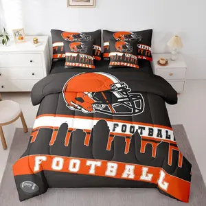 Football City 7 Pcs Comforter Bed Set,Football Bedding Young Grey Orange Rugby Game Sheet Set,Bed Bag,Football Fans Room Decor Sports Ball Quilt