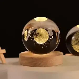 Solar System Planet Sphere Laser 3D Interior Carved Crystal Ball with Wood Base LED Light Night Lamp