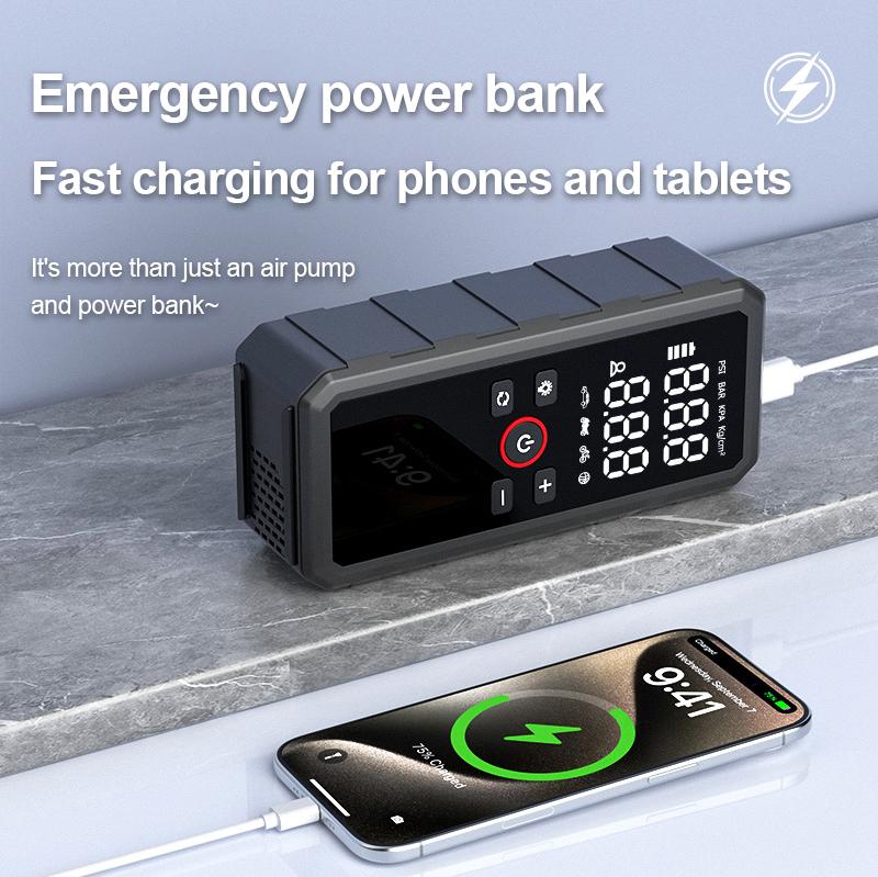Portable Car Jump Starter with 6000mAh Power Bank, Cordless High Pressure Air Compressor - USB C Rechargeable, 3 Modes LED Light, Quick Inflation for Car Motorcycle, Emergency Tool for Home Road Trip