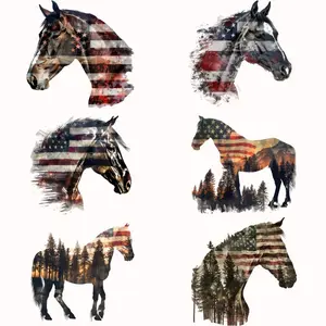 6 Sheets Watercolor Horse Flag Style Heat Transfer Vinyl Stickers for Clothes DIY Washer Resistant Iron on Patches Decorative T Shirts Crafts Supplies