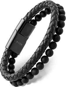 RTZN Black Braided Leather & Black Onyx Bead Bracelet