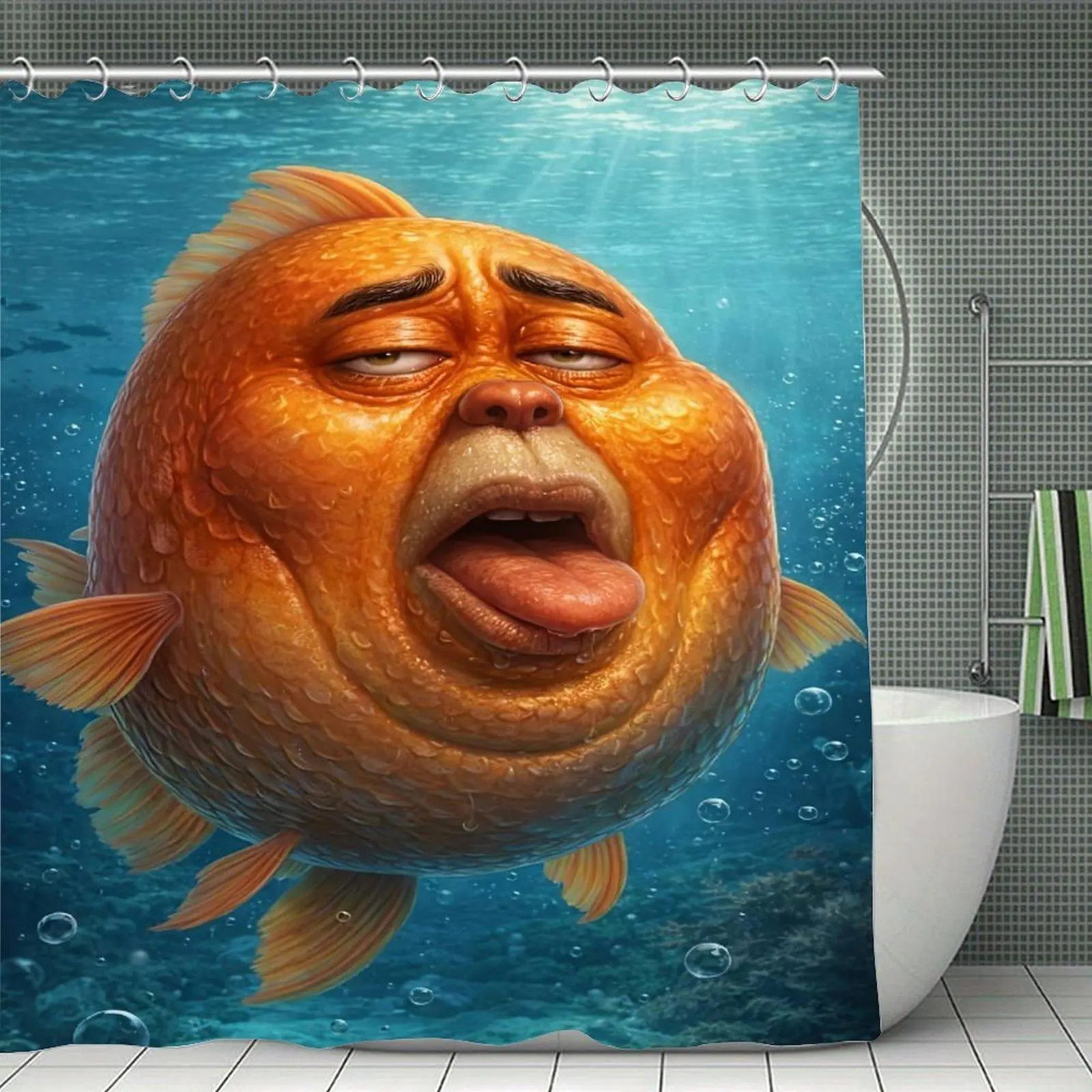 Surreal Funny Human-Faced Fish Underwater Shower Curtain, Stainless-Steel & Plastic Hardware Compatible for Bathtubs, Bathroom Windows