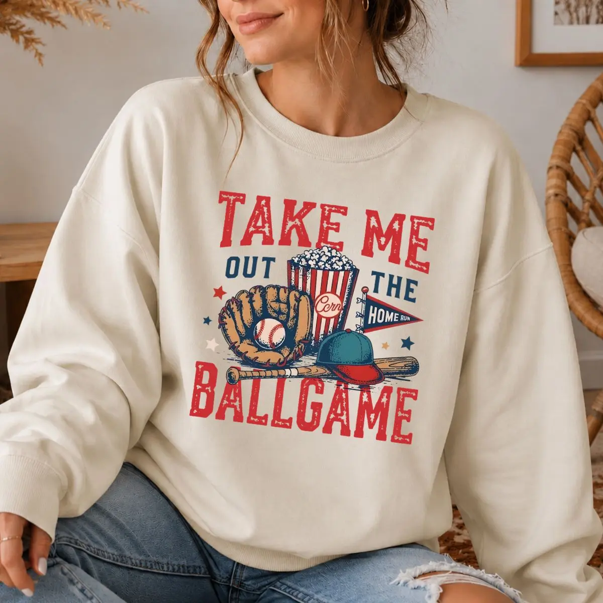 Take Me Out to the Ballgame Sweatshirt, Baseball Glove Bat Cap and Popcorn Graphic Pullover, Unisex Sports Fan Apparel, Gift for Men and Women, Vintage Game Day Style