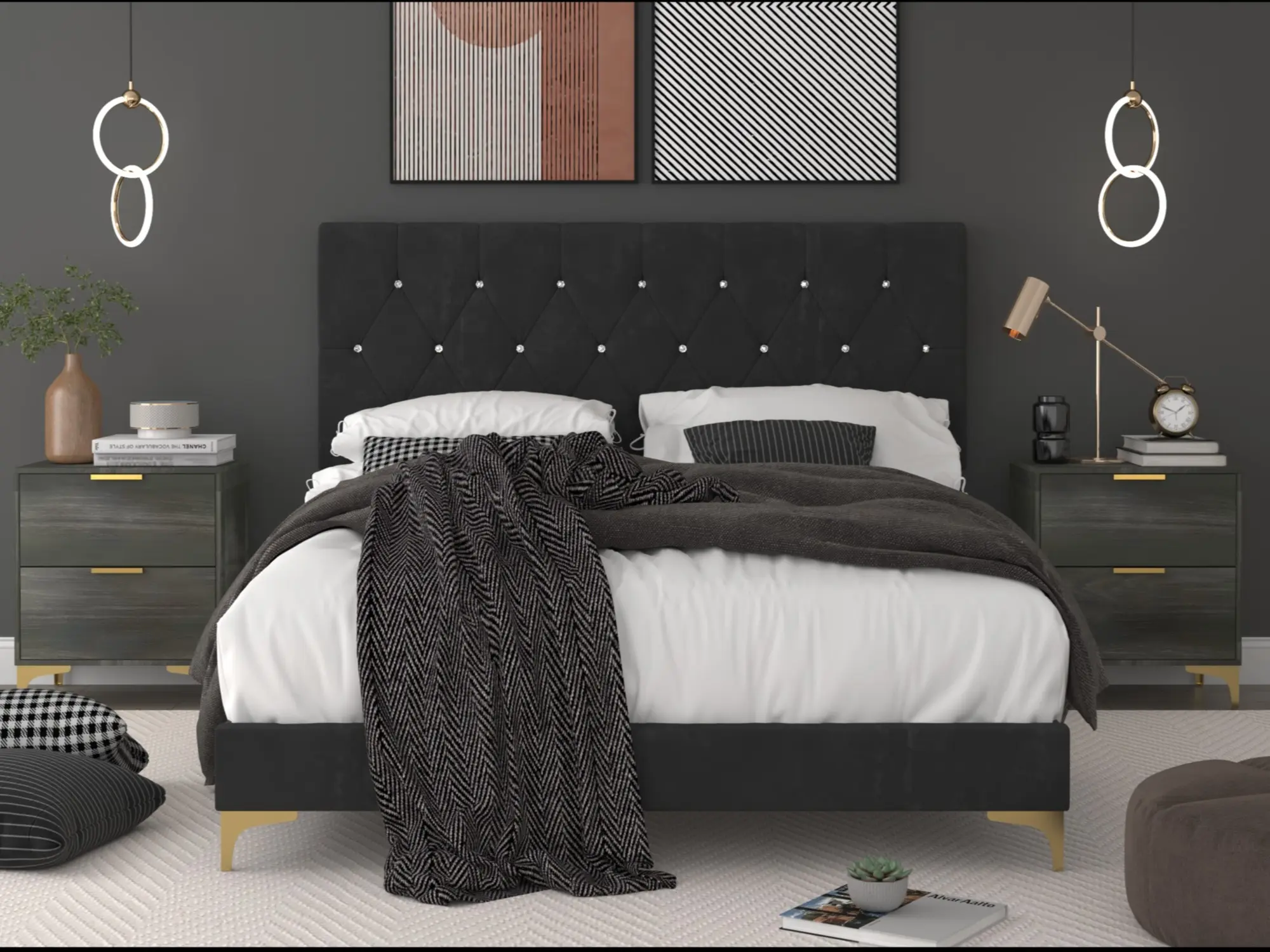 Favorer Sana Queen Size Elegant Diamond Tufted Velvet Upholstered Soft Padded Decorative Panel Bed Set with 2 Nightstands - Gold Metal Legs Bed Frame, Assembly Required, Box Spring Needed, Black/Gray Bedroom Furnishing, Elegant Bed Frames