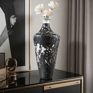 Irregular Handcrafted Ceramic Tabletop Vase with Splash Ink Pattern Textured Decorative Rustic Farmhouse Vase for Home Decor Tall Boho Centerpieces for Living Room Table Mantel Shelf