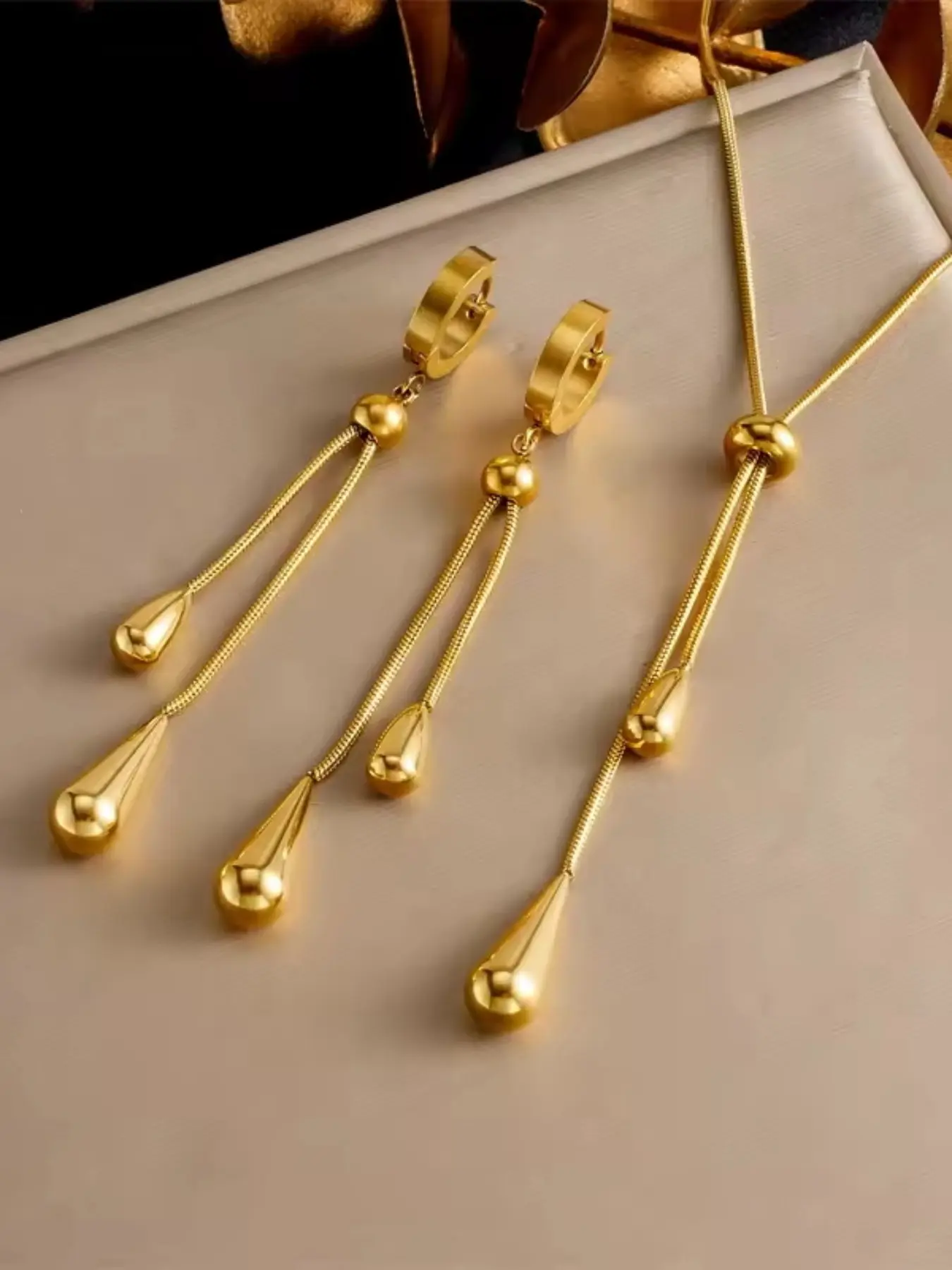 2Pcs 316L Stainless Steel Adjustable Water Droplet Tassels Necklace Earrings Women Elegant Jewelry New Golden Durable Fashion Jewelry Set Party Gifts Jewellery