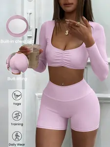 Women's Yoga Set, Square Neck Long Sleeve Top & High Waist Shorts, Slim Fit Elastic Wrap Design, Gym Training Pilates Casual Wear, Sporty High Stretch, Active Wear